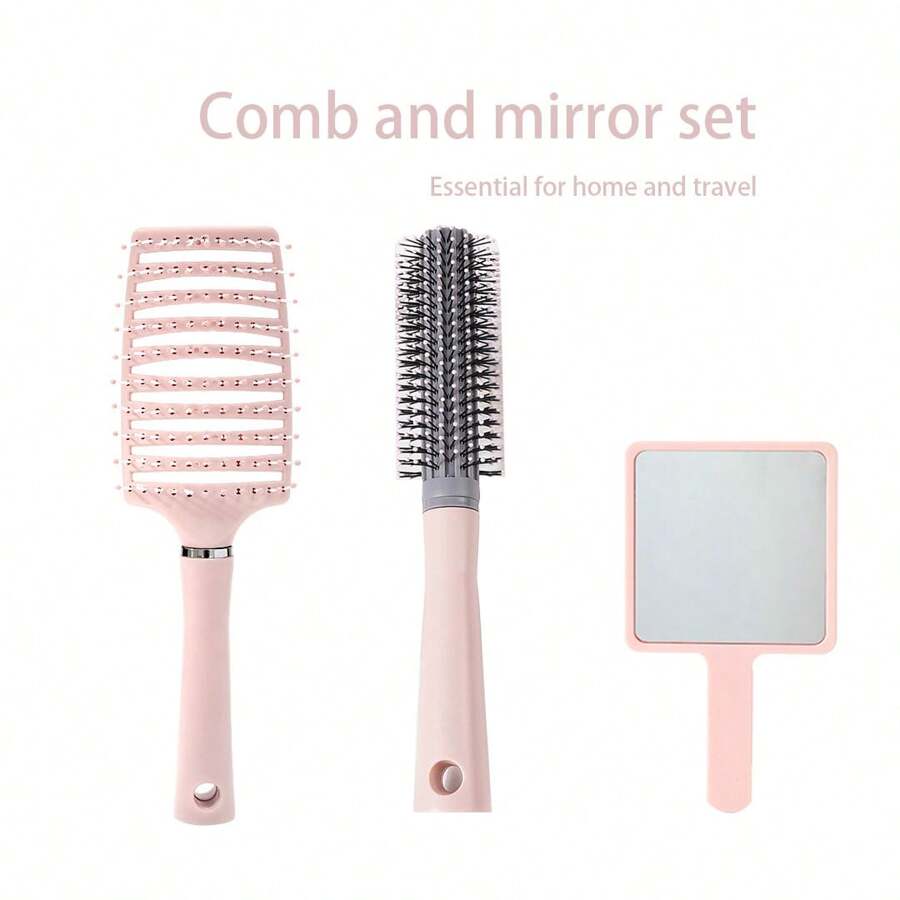 Bộ 3 lược tạo kiểu tóc tại nhà, lược chải tóc + gương vuông cổ điển, lược chải tóc tự làm tại nhà, dễ mang theo, thích hợp sử dụng tại nhà và khi đi du lịch - Hồng - Xem 1