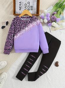 Tween Girl 2024 最新秋季豹纹休闲街头风格圆领长袖上衣和裤子 2 件套 - 紫色 - 查看 1