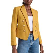 Women Double Breasted Cropped Tweed Blazer Jackets Lapel Open Front Long Sleeve Business Suit Jackets With Pocket Christmas Gift & New Year Gift - 黃色 - 查看 2