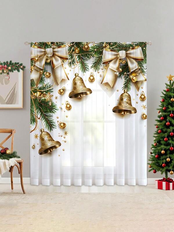 1 Stück Weihnachtsdekoration transparenter Vorhang mit elegantem Goldblatt-, Rot-Blumen- und Glockenmuster, maschinenwaschbar, geeignet für Schlafzimmer, Büro, Küche, Wohnzimmer, Heimdekoration, 100g/㎡