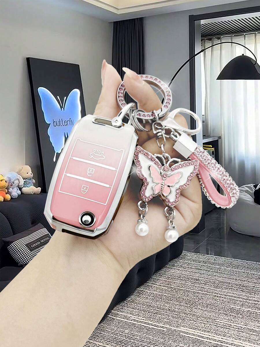 时尚水钻粉色/蓝色仿珍珠蝴蝶钥匙扣 + 桃色/天蓝色汽车钥匙 TPU 防震壳 + 适用于起亚 K3 K5 K2 KX3 K4 KX5 Sportage Soul Sorento Cadenza 钥匙扣壳，柔软，精美礼物