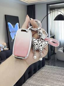 时尚水钻粉色/蓝色仿珍珠蝴蝶钥匙扣 + 桃色/天蓝色汽车钥匙 TPU 防震壳 + 适用于起亚 K3 K5 K2 KX3 K4 KX5 Sportage Soul Sorento Cadenza 钥匙扣壳，柔软，精美礼物 - 均碼 - 查看 5