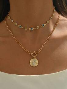 时尚奢华女士多层蓝色邪眼手形吊坠项链，粗款珠宝厚 U 型链配玻璃珠项链，夸张手眼吊坠装饰项圈，适合日常和派对佩戴，眼珠颜色随机分布 - 邪惡之眼 - 查看 13