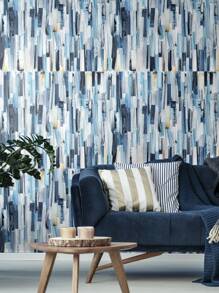 1卷蓝白几何油画风格壁纸现代条纹接触纸自粘可移除防水壁纸适用于橱柜搭接装饰人字形壁纸抽屉儿童，翻新贴纸剥离墙板，墙纸，壁纸，春季装饰物品刷新你的家，拉玛装饰贴纸 - 藍色 - 查看 2