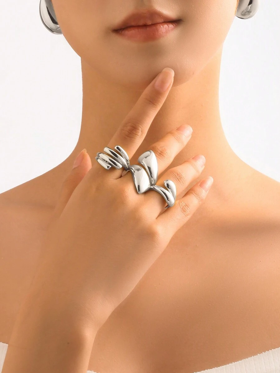 3pcs Fashionable Geometric Stainless Steel Water Drop Rings For Women, Suitable For Party, Gathering And Daily Wear - Silver - View 1