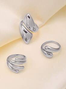 3pcs Fashionable Geometric Stainless Steel Water Drop Rings For Women, Suitable For Party, Gathering And Daily Wear - Silver - View 2