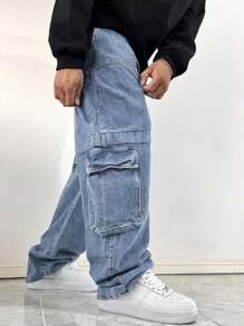 1pc Men's Blue Wide Leg Casual Jeans - Baby Blue - View 4