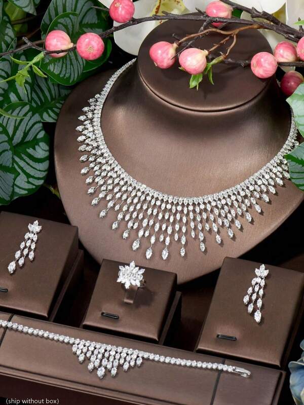 1 set De Bijoux Élégant Décoré De Pompon En Zircone Cubique, Convient Pour Offrir À Des Femmes Comme Cadeau De Mariage