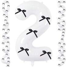 Globos de números de 32 pulgadas de 0 a 9 en blanco con lazo negro, globo de números digital para decoraciones de fiestas de cumpleaños, suministros de celebración, globo de número de helio de foil para bodas y aniversarios