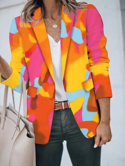 Damen Langarm Blazer Jacke aus gewebtem Stoff mit buntem abstraktem Muster, geeignet für modische Arbeit und Freizeitkleidung