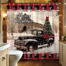 1/4 件圣诞快乐装饰冬季浴帘套装卡车蝴蝶结树格子雪花农舍黑色浴帘可洗圣诞节浴室淋浴装饰礼物家居带 12 个挂钩防滑浴垫 U 型马桶盖垫冬季装饰 - 綠色 - 查看 4