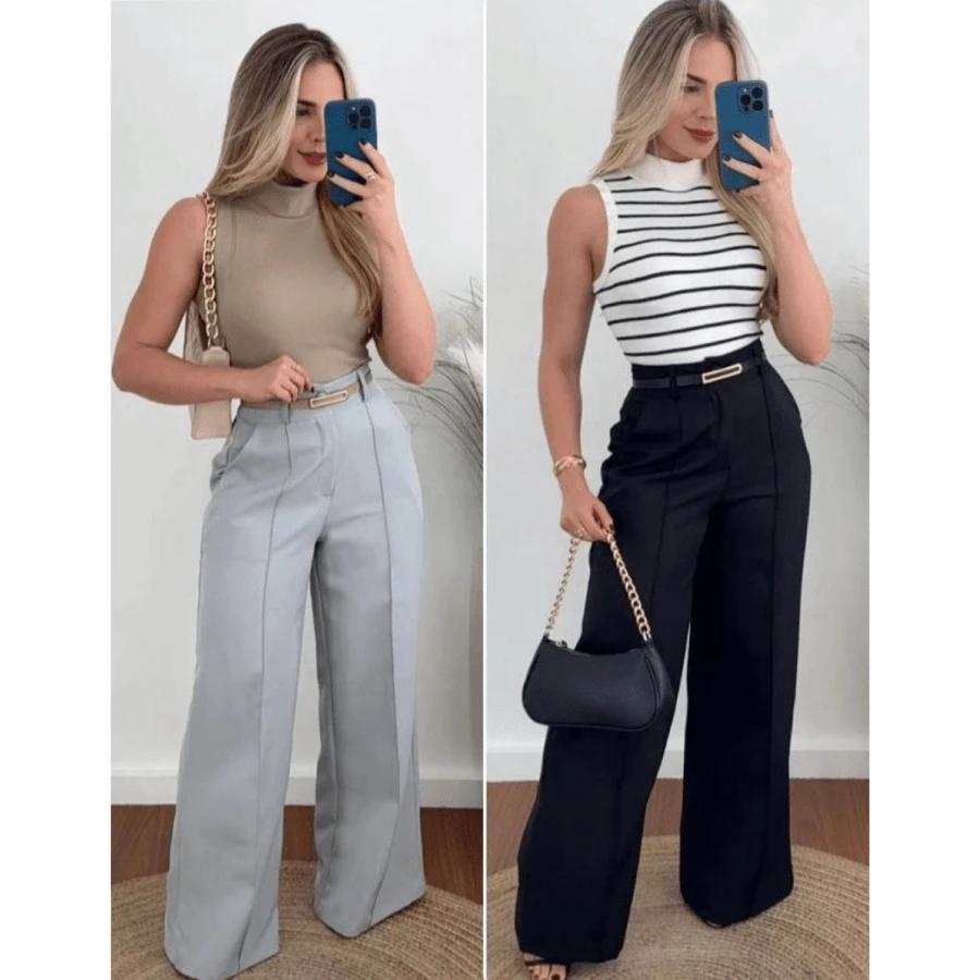 Kit Of 2 Women's Tailored Trousers, High Waist, Basic, Formal, With Belt - BỘ 2 QUẦN XÁM VÀ ĐEN - Xem 1