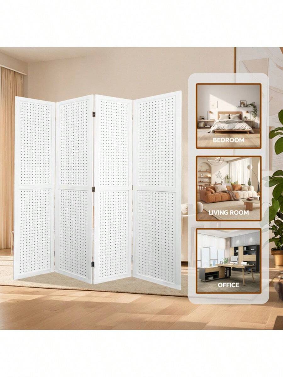 4 Panel Room Divider, 5.6Ft Pegboard Display Wooden Room Divider