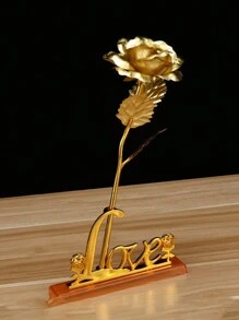 1Pc/Set Artificial Flowers Golden Foil Rose,Fake Gold Plated Forever Love Rose With Love Stand For Valentine's Day,Mother's Day,Wedding,Birthday,Wife,Women, Christmas Decor,Home,Living Room,Table Decor - Gold - View 1