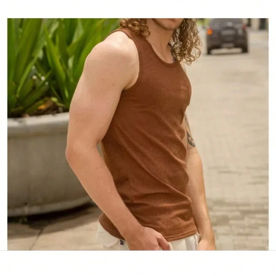 Men's American Style Ribbed Knit Tank Top - 駝色 - 查看 1