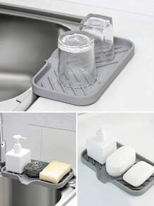 1pc Silicone Drain Rack,Kitchen Sink Splash Guard - Silicone Faucet Handle Drip Filter Tray, Dishwashing Soap Dispenser, And Sponge Holder Pad Behind The Faucet, Kitchen Small Tool Sink Accessories Suitable For Kitchen Countertops And Bathrooms