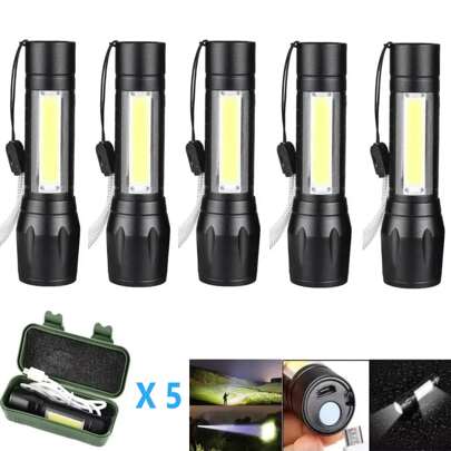 5/4/3pza Lampara Tactica Recargable Led 2000l Linterna Lateral Color de la linterna Negro,3 modos de iluminación, estiramiento y enfoque frontal y posterior, con cable USB y caja de plástico,fácil de transportar e imprescindible para la iluminación exterio,Lámpara Militar para Acampar, Defensa Personal, Pedir Ayuda