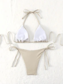 Women's Halter Neck Back Tied Bikini Top & Bottom Swimming Suit, For Summer Beach Vacation - Khaki - View 4