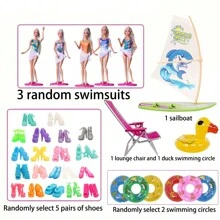 新款13件夏季时尚性感休闲泳衣帆船冲浪套装（2个随机充气游泳圈和3款随机颜色/款式时尚漂亮泳衣、1个帆船冲浪板、1张休闲椅、1个鸭子游泳圈、5双鞋子随机发货）（不包括娃娃） - 彩色 - 查看 10