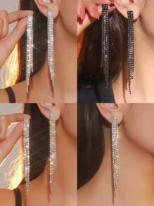 1 par de brincos longos de borla com strass de cristal de 4 camadas e vários fios, brincos pendurados de lustre de cristal brilhante, joias de festa da moda