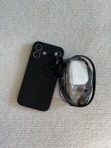 1 Ốp điện thoại mờ phù hợp cho nam và nữ + Ốp tai nghe Bluetooth trong suốt có nhẫn đeo tay và móc khóa, Ốp điện thoại bảo vệ tương thích với iPhone 11/16/15/14/13/12/16 Pro Max, Điện thoại - màu đen - Xem 1