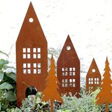 3 món đồ trang trí sân vườn Giáng sinh theo phong cách đồng quê - Lâu đài hình bóng kim loại, Nhà và cây, Nghệ thuật sân vườn bằng kim loại độc lập, Không cần nguồn điện, Đồ trang trí bãi cỏ ngày lễ không có lông vũ - Lâu Đài 3PC - Xem 1