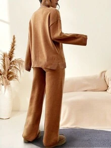 Conjunto de 2 peças de suéter casual feminino de cor sólida e ombro de fora, calça de malha, adequado para deslocamento diário, compras, festa, encontro, casa, Halloween, Ação de Graças, Natal - Multicolorido - Ver 3