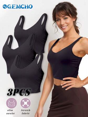 GEMCHO 3 PCS Women's Sports Bra Longline Wirefree Padded With Medium Support Workout Tank Tops