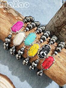 复古西式绿松石纳瓦霍弹性手链，适合日常佩戴，全绿松石珠，独一无二 - 復古風格的松石納瓦荷彈性手鍊 - 查看 1