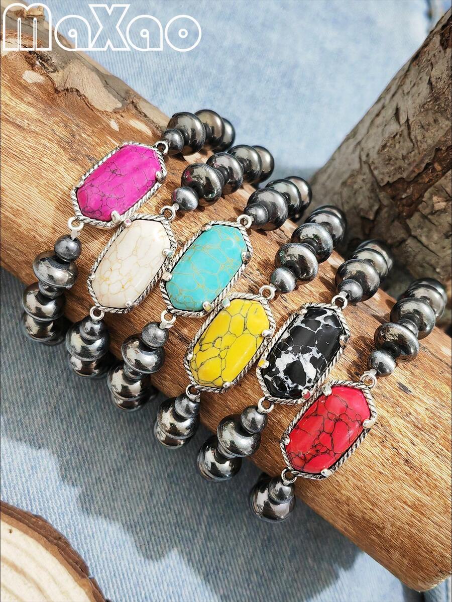 复古西式绿松石纳瓦霍弹性手链，适合日常佩戴，全绿松石珠，独一无二 - 復古風格的松石納瓦荷彈性手鍊 - 查看 1