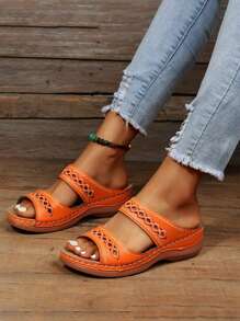 Wedge Sandals For Women Hollow Out Slip On Platform Wedge Sandals Open Toe Platform Sandal Summer Slip On Walking Beach Shoes - 橘色 - 查看 1