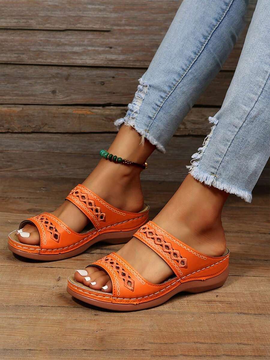 Wedge Sandals For Women Hollow Out Slip On Platform Wedge Sandals Open Toe Platform Sandal Summer Slip On Walking Beach Shoes - 橘色 - 查看 1