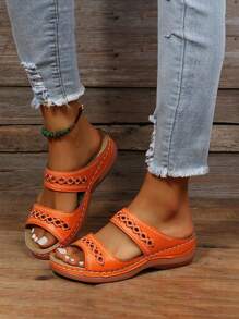 Wedge Sandals For Women Hollow Out Slip On Platform Wedge Sandals Open Toe Platform Sandal Summer Slip On Walking Beach Shoes - 橘色 - 查看 2