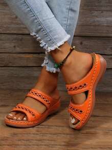 Wedge Sandals For Women Hollow Out Slip On Platform Wedge Sandals Open Toe Platform Sandal Summer Slip On Walking Beach Shoes - 橘色 - 查看 3