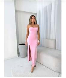 Women's Long Strapless Dress With Bare Back, Braided, Butt-Lifting, With Elegant Slit For A Party - 淺粉色 - 查看 2