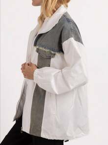 Spring Autumn New Denim Patchwork Turndown Collar Windbreaker Jacket For Women, Loose Casual Bomber