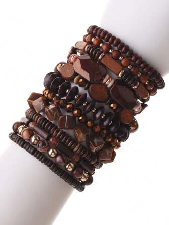 12pcs/Set Beaded Bohemian Wooden Bead & Resin Dark Brown Layered Bracelet Set, Suitable For Women Party And Daily Wear