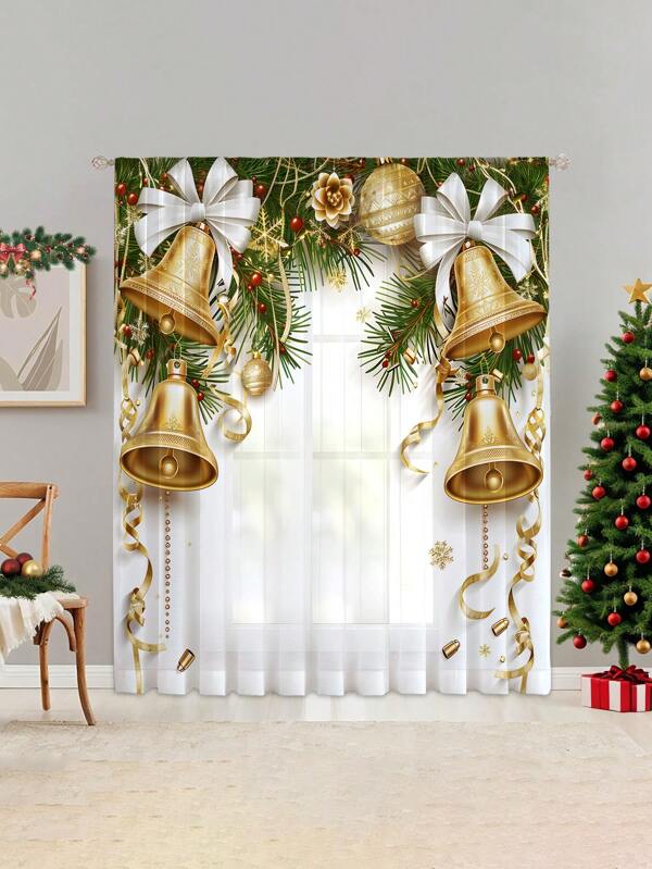 1 Stück Weihnachtsdekoration transparenter Vorhang mit elegantem Goldblatt-, Rot-Blumen- und Glockenmuster, maschinenwaschbar, geeignet für Schlafzimmer, Büro, Küche, Wohnzimmer, Heimdekoration, 100g/㎡