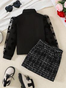 Set van 2 casual coltrui-top met lange mouwen voor jonge meisjes en A-lijn rok, 2-delige outfits, herfst/winter