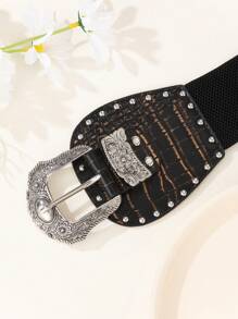 1 件女士鳄鱼纹金属扣弹性腰带，新款欧美时尚复古风格腰带束腰带 - A - 查看 5