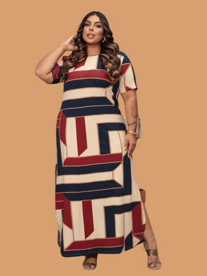 Vestido Plus Size Longo Casual Estampado Com Fendas Moda Evangélica Do 44 ao 60