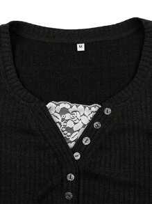 Women Y2k Button Front Knit Tops Long Sleeve Lace Patchwork Slim Fit Blouse Tops Fairy Grunge T-Shirts Streetwear Aesthetic Clothes Fall Spring Streetwear 2000s - 黑色 - 查看 6
