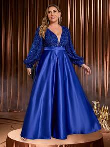 大码秋冬连衣裙、女士万圣节服装、圣诞连衣裙、婚礼宾客连衣裙、夏季连衣裙、演唱会派对连衣裙、优雅V领长袖亮片拼接缎面大码长裙 - 藍色 - 查看 6