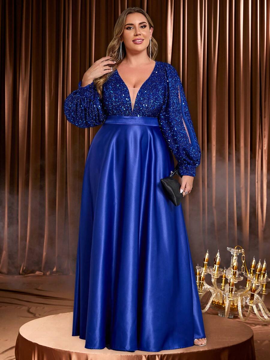 大码秋冬连衣裙、女士万圣节服装、圣诞连衣裙、婚礼宾客连衣裙、夏季连衣裙、演唱会派对连衣裙、优雅V领长袖亮片拼接缎面大码长裙 - 藍色 - 查看 1