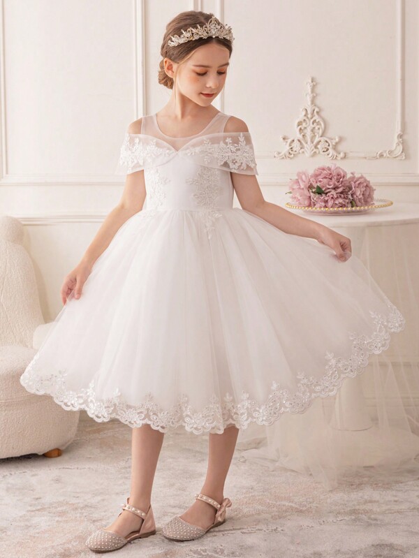 Young Girl Elegant Embroidered Lace Mesh Princess Style Dress For Party, Performance, Birthday, Music Show