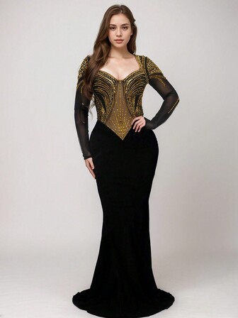 1 件女士优雅 V 领半透明水钻网眼派对婚礼礼服，性感紧身长袖