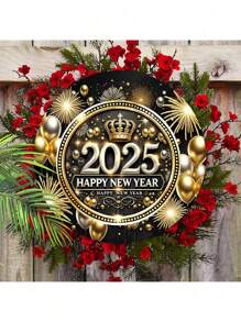 Happy New Year Festival Wooden Sign 2025 Happy New Year 2D Flat Relief Effect Round Sign For Front Door Wall Hanging Decor, Party Decorations, Colorful Hot Air Fireworks Pattern Design, Couple Gift, Happy New Year Gift, Party Supplies - Multicolor - View 16