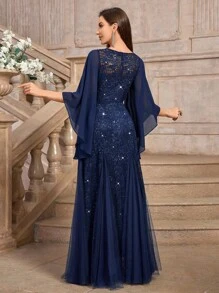 MIUSOL Vestido formal de fiesta elegante con mangas de malla con mariposa, encaje y lentejuelas florales. Vestido de gala digno adecuado para invitados de boda, ceremonia de graduación, banquete y otras ocasiones - Azul Marino - Ver 3