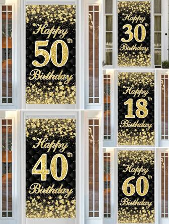 1Pc Happy 18th/30th/40th/50th/60th Birthday Party Black Gold Bright Rhinestone Hanging Flag Banner, Birthday Party Decoration Door Curtain, Home Decor Door Decor, Christmas
