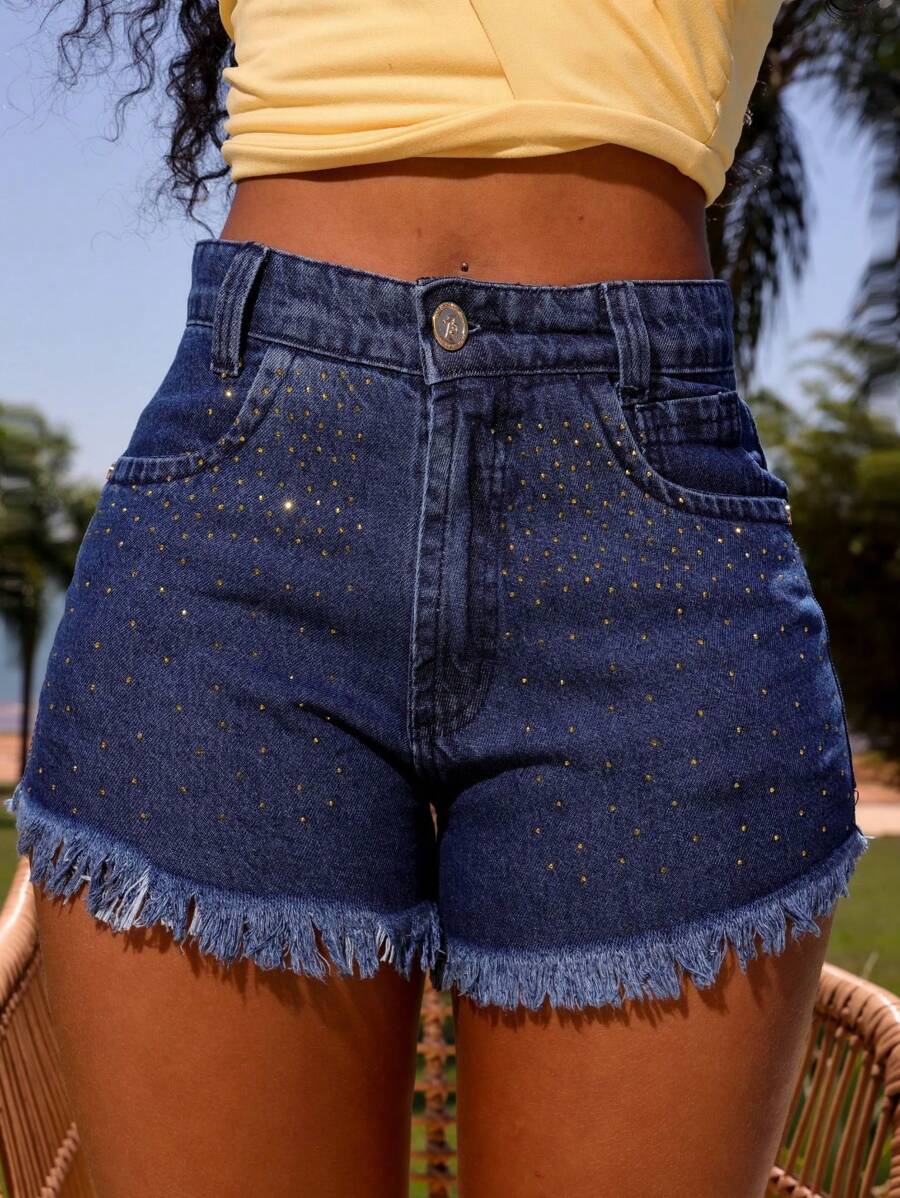 Women's Short Jeans Shorts C Shiny High Waist Luxury Line - 深色水洗藍 - 查看 1